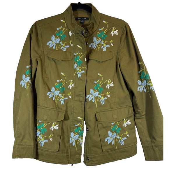 ANN TAYLOR MP Embroidered Floral Safari Jacket Blazer Green Pockets No Belt - Picture 1 of 6